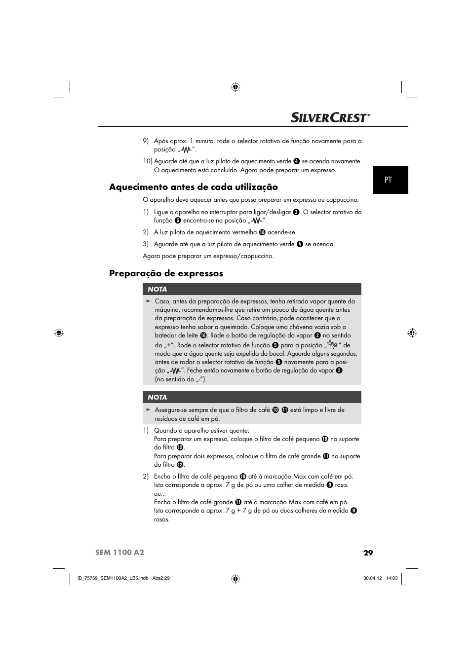 Aquecimento antes de cada utilização, Preparação de expressos | Silvercrest SEM 1100 A2 User Manual | Page 31 / 81