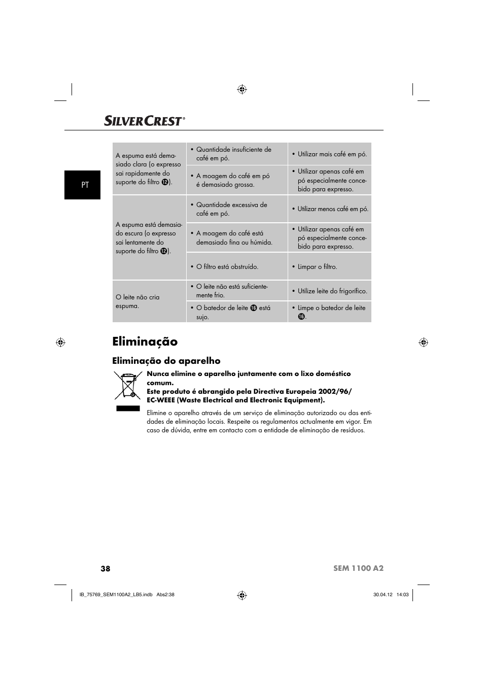 Eliminação, Eliminação do aparelho | Silvercrest SEM 1100 A2 User Manual | Page 40 / 81