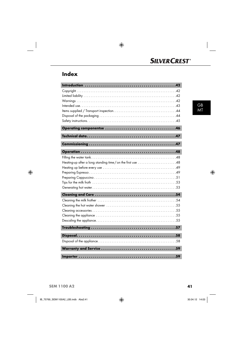 Index, Gb mt | Silvercrest SEM 1100 A2 User Manual | Page 43 / 81