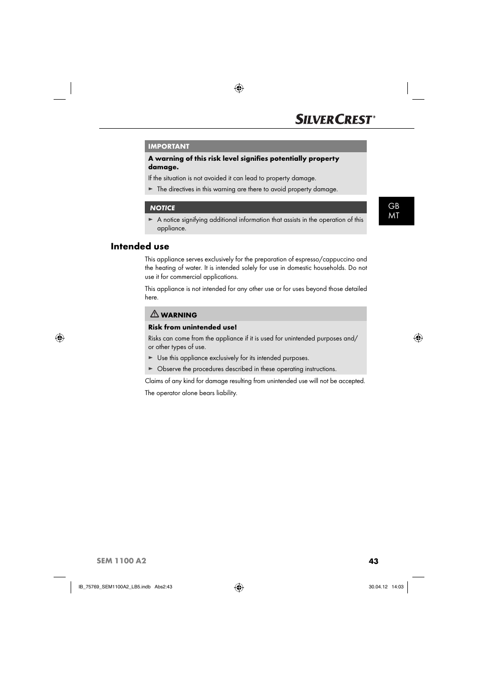 Intended use, Gb mt | Silvercrest SEM 1100 A2 User Manual | Page 45 / 81