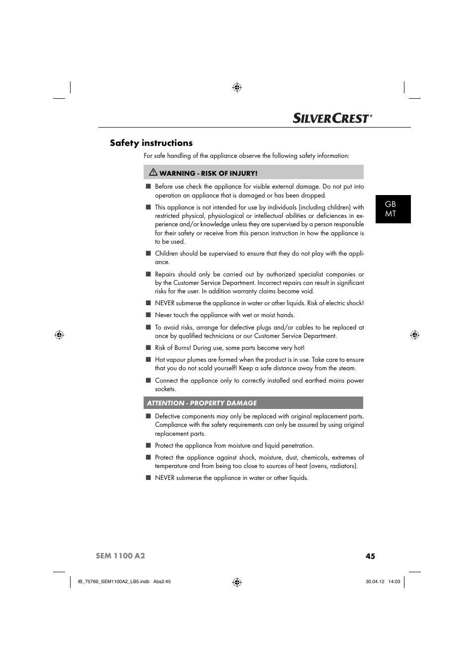 Safety instructions, Gb mt | Silvercrest SEM 1100 A2 User Manual | Page 47 / 81