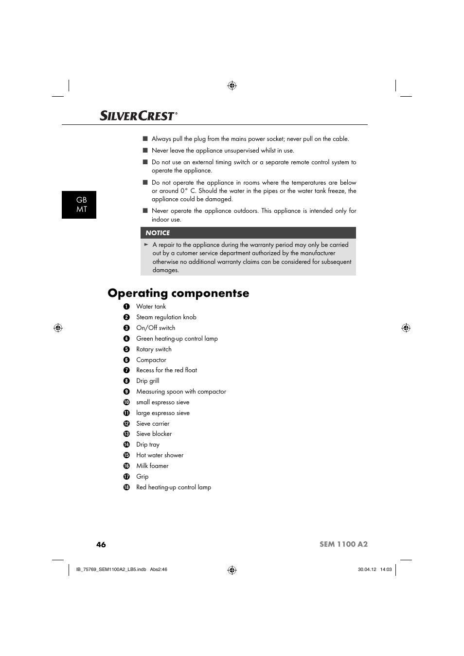 Operating componentse, Gb mt | Silvercrest SEM 1100 A2 User Manual | Page 48 / 81