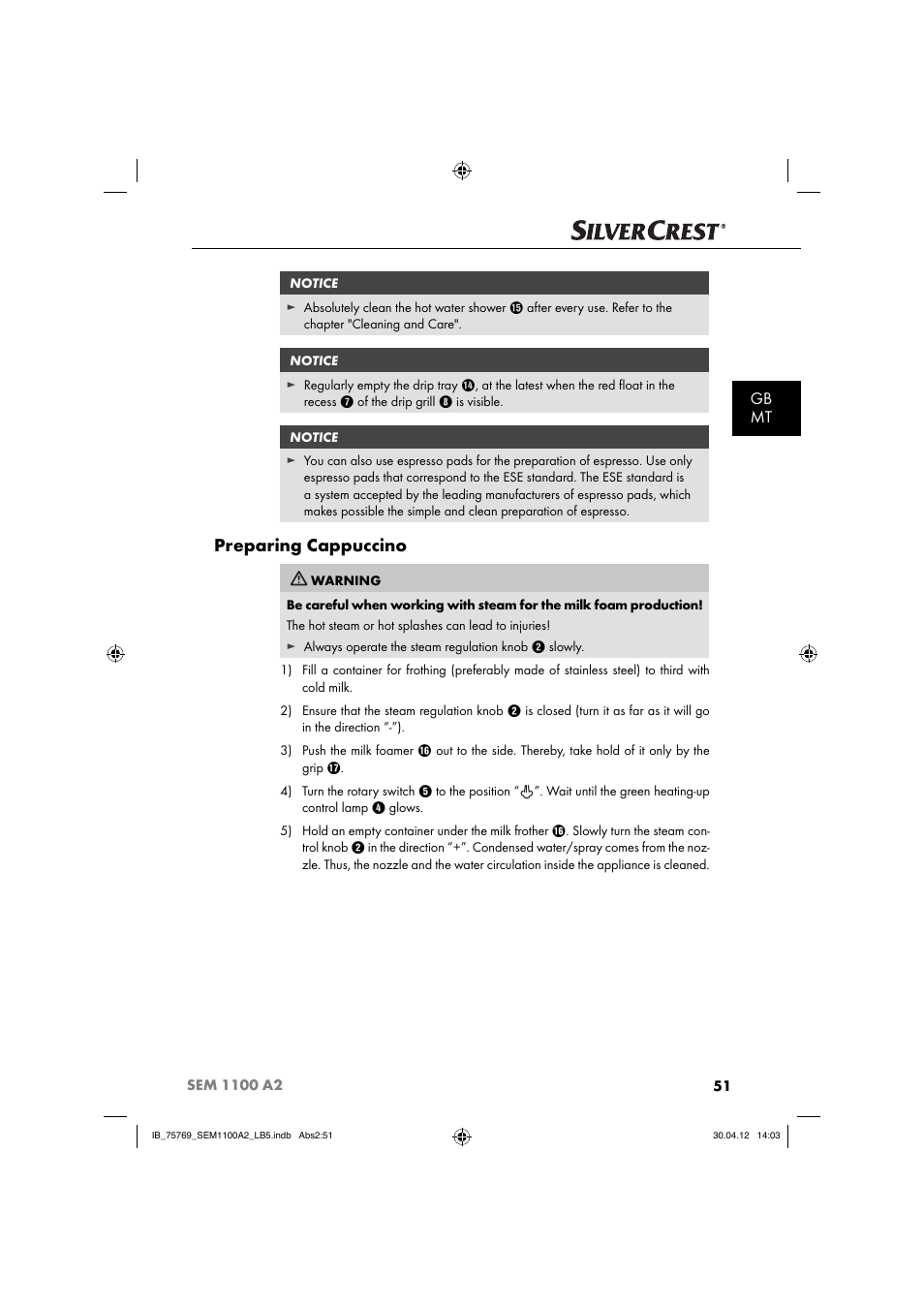 Preparing cappuccino, Gb mt | Silvercrest SEM 1100 A2 User Manual | Page 53 / 81