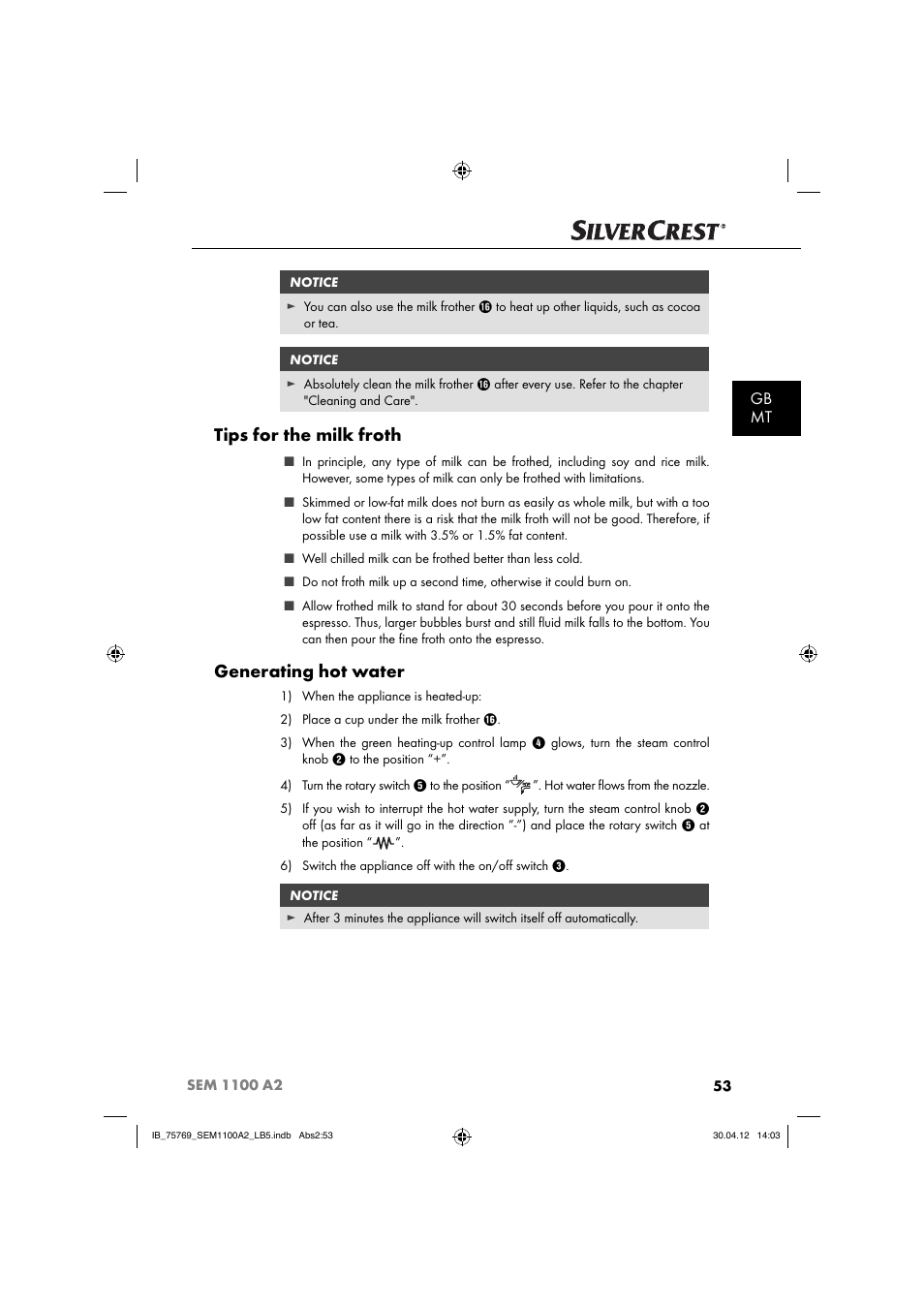 Tips for the milk froth, Generating hot water, Gb mt | Silvercrest SEM 1100 A2 User Manual | Page 55 / 81