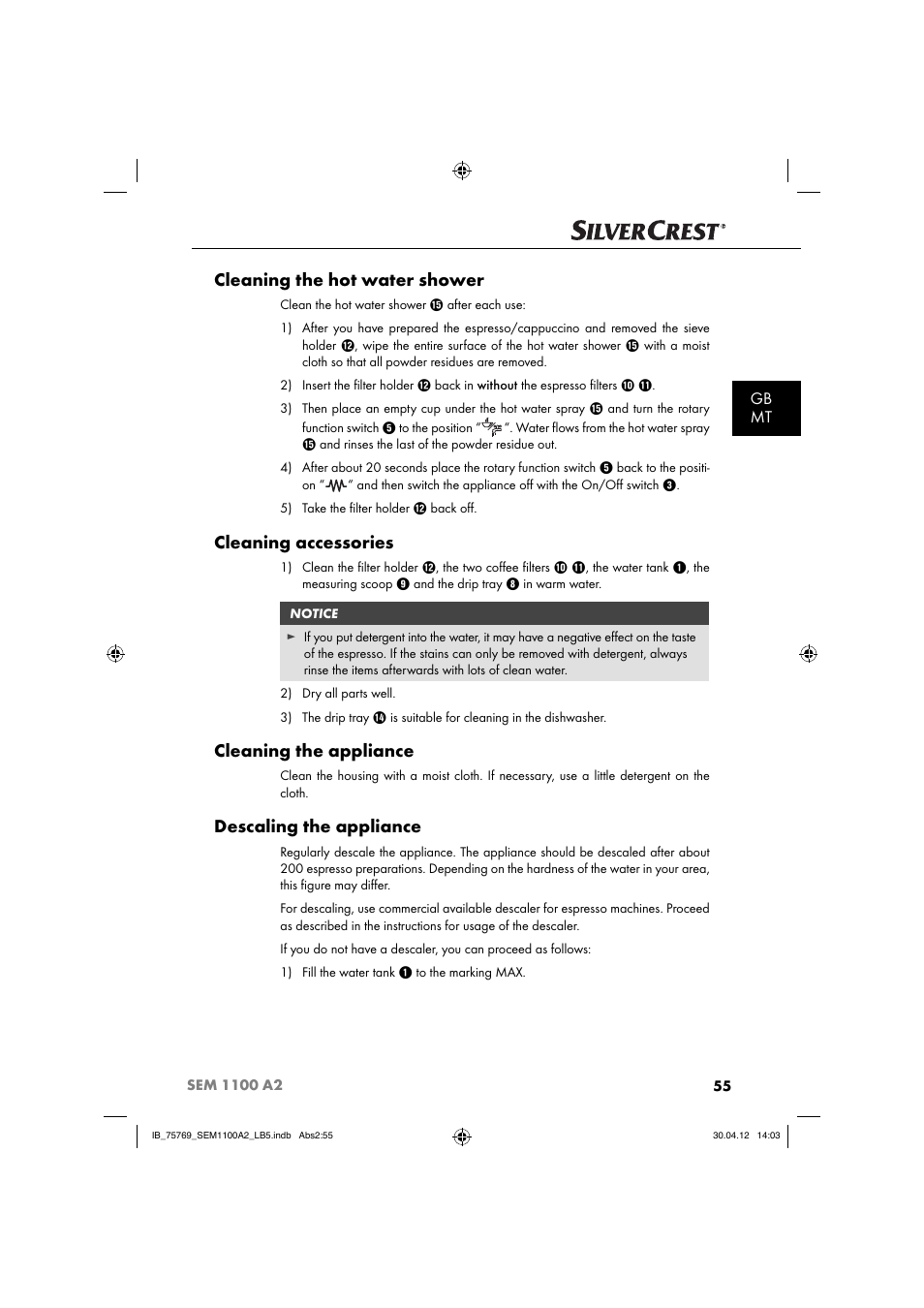 Cleaning the hot water shower, Cleaning accessories, Cleaning the appliance | Descaling the appliance, Gb mt | Silvercrest SEM 1100 A2 User Manual | Page 57 / 81