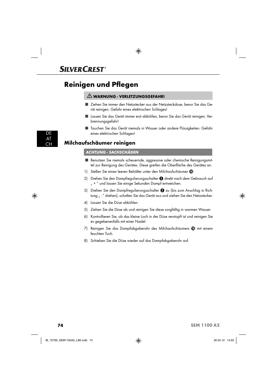 Reinigen und pﬂ egen, Milchaufschäumer reinigen, De at ch | Silvercrest SEM 1100 A2 User Manual | Page 76 / 81