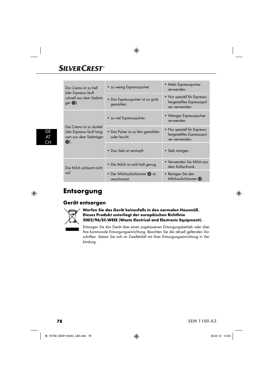 Entsorgung, Gerät entsorgen, De at ch | Silvercrest SEM 1100 A2 User Manual | Page 80 / 81