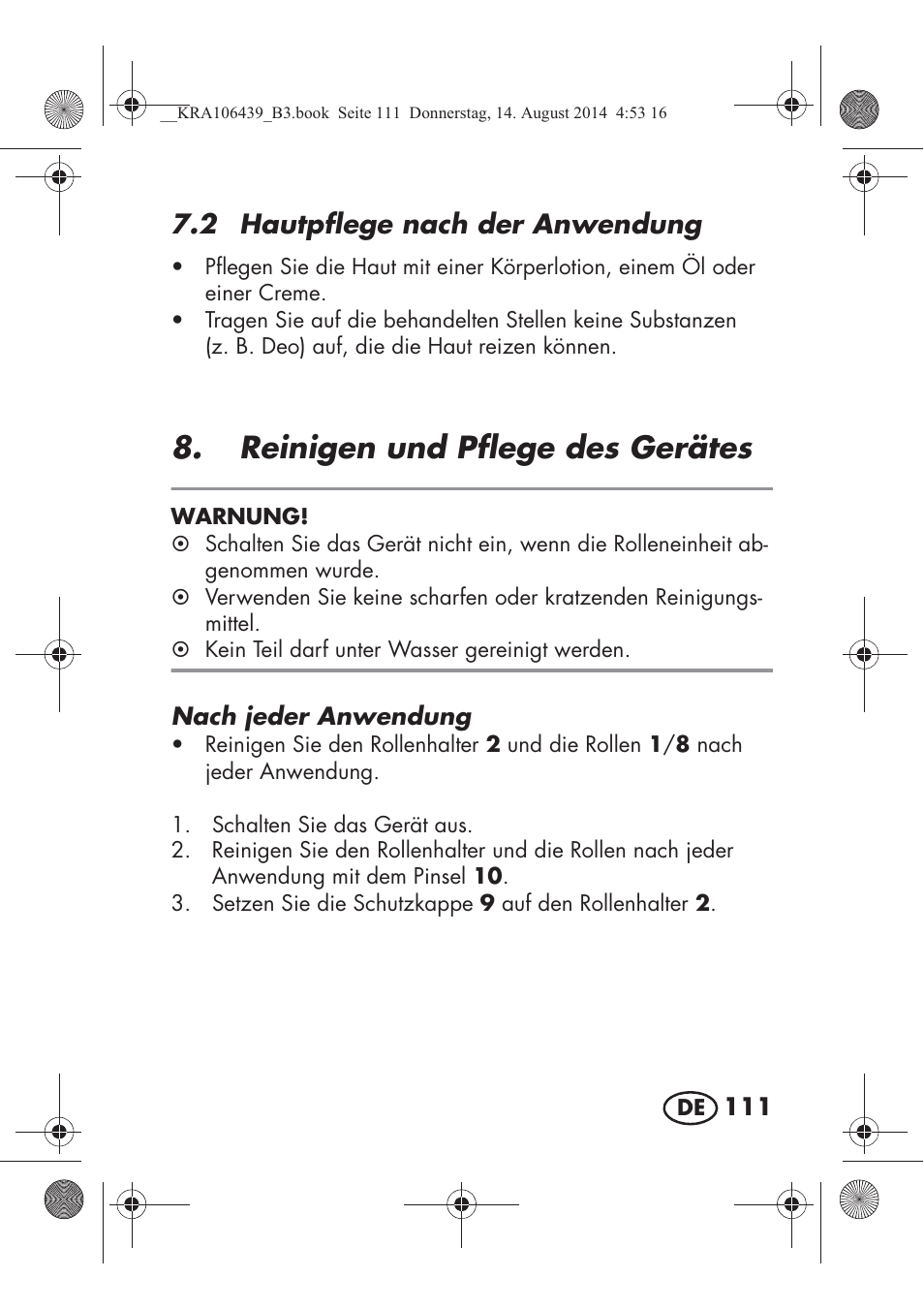 Reinigen und pflege des gerätes, 2 hautpflege nach der anwendung | Silvercrest SHE 3 A1 User Manual | Page 113 / 122