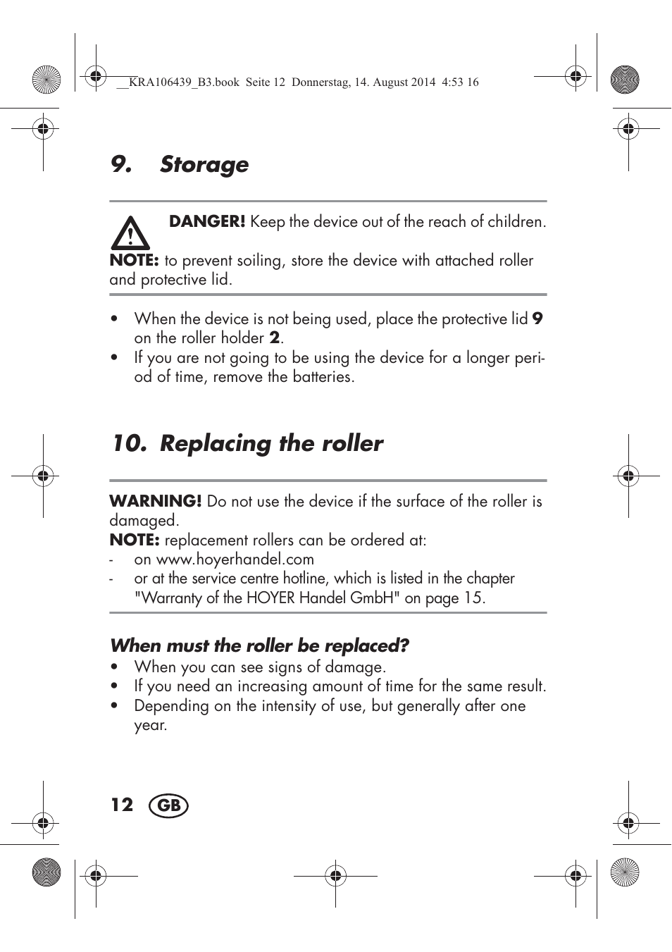 Storage, Replacing the roller | Silvercrest SHE 3 A1 User Manual | Page 14 / 122