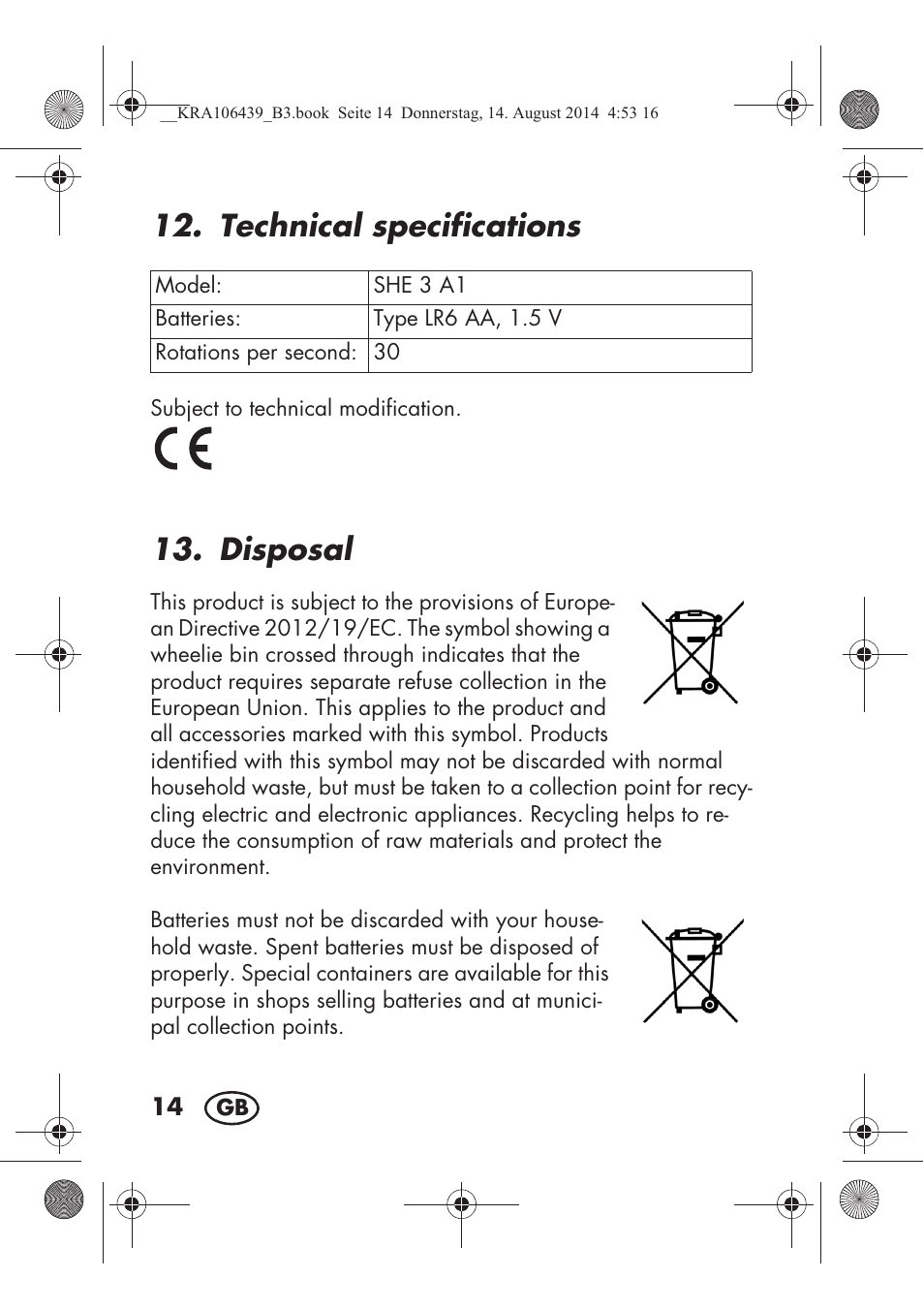 Technical specifications, Disposal | Silvercrest SHE 3 A1 User Manual | Page 16 / 122