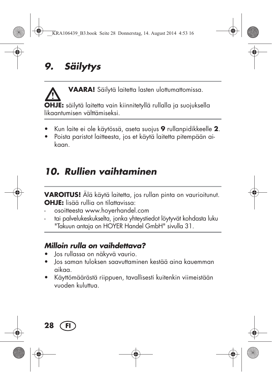Säilytys, Rullien vaihtaminen | Silvercrest SHE 3 A1 User Manual | Page 30 / 122