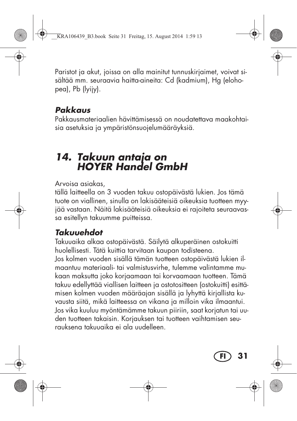 Takuun antaja on hoyer handel gmbh | Silvercrest SHE 3 A1 User Manual | Page 33 / 122