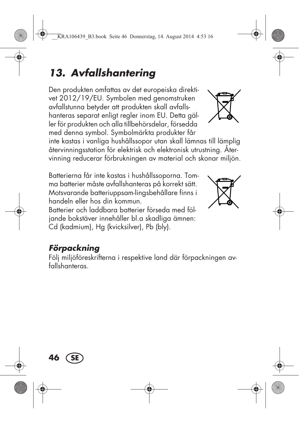 Avfallshantering | Silvercrest SHE 3 A1 User Manual | Page 48 / 122