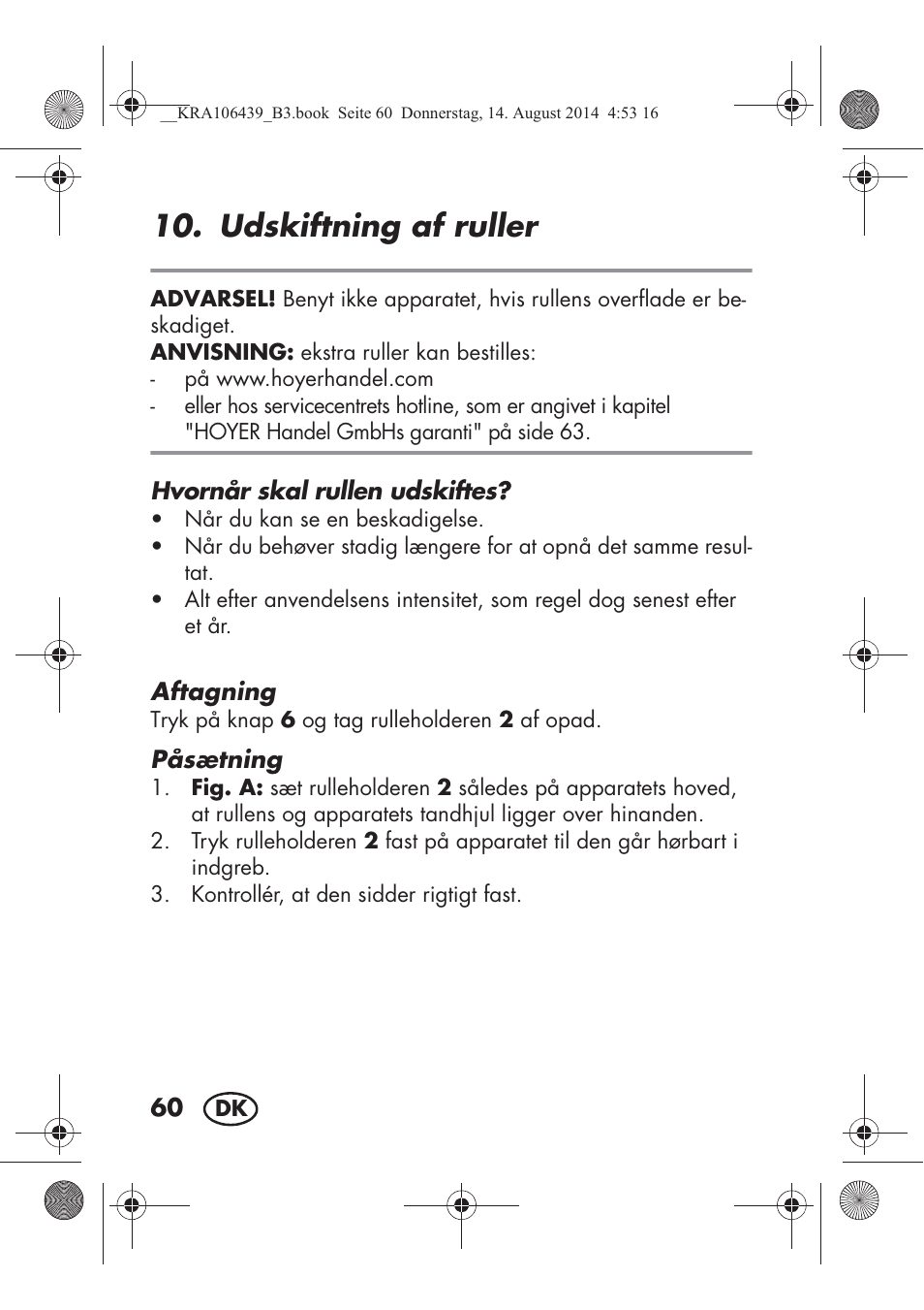 Udskiftning af ruller | Silvercrest SHE 3 A1 User Manual | Page 62 / 122