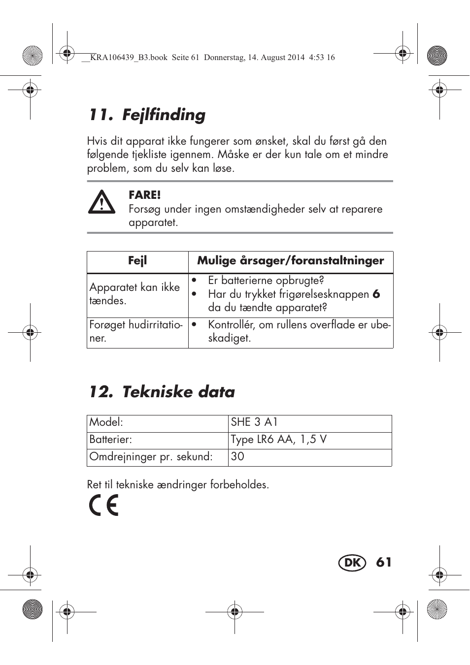 Fejlfinding, Tekniske data | Silvercrest SHE 3 A1 User Manual | Page 63 / 122