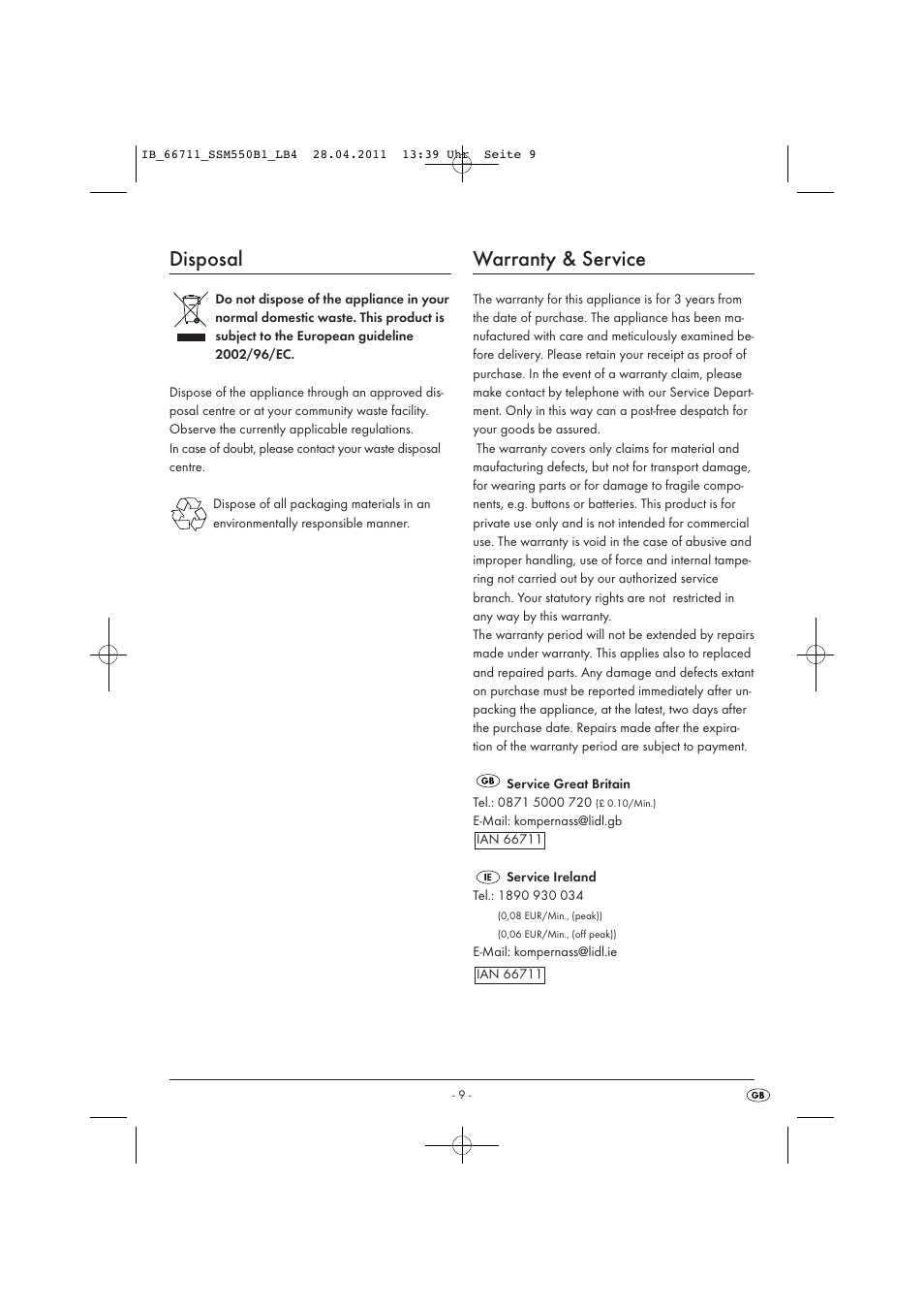 Disposal, Warranty & service | Silvercrest SSM 550 A1 User Manual | Page 11 / 72