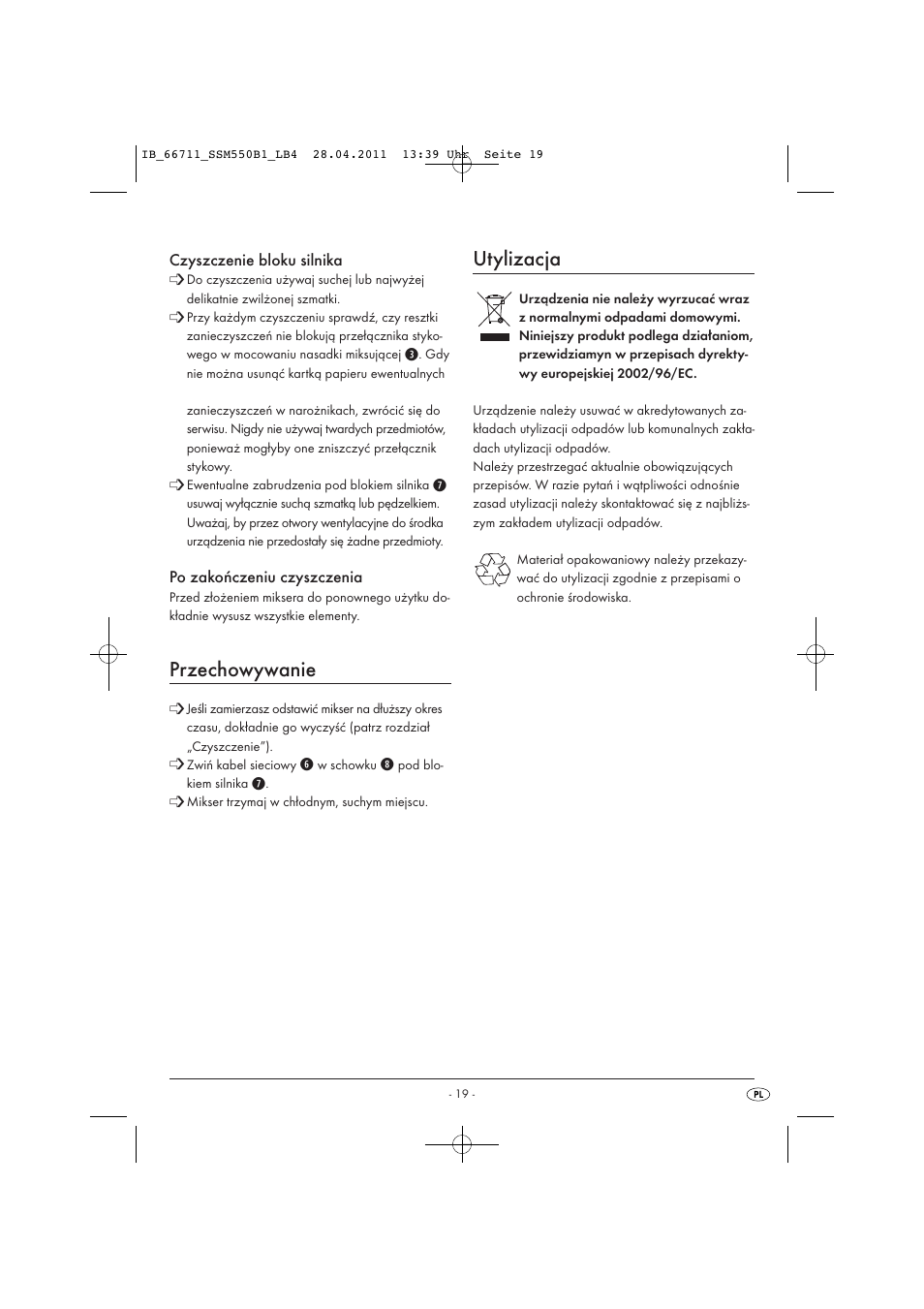 Przechowywanie, Utylizacja | Silvercrest SSM 550 A1 User Manual | Page 21 / 72