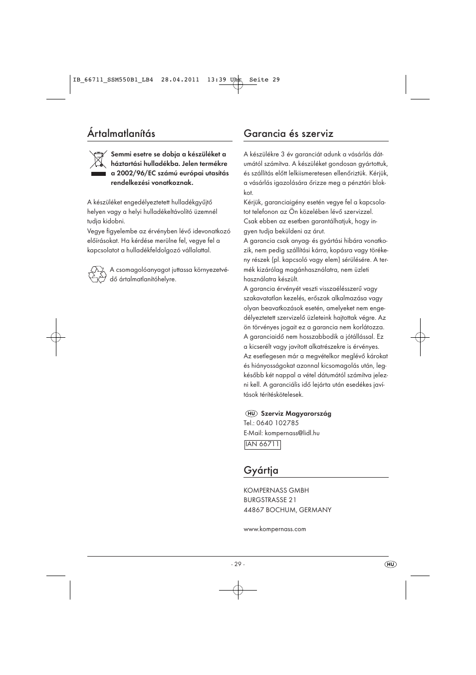 Ártalmatlanítás, Garancia és szerviz, Gyártja | Silvercrest SSM 550 A1 User Manual | Page 31 / 72