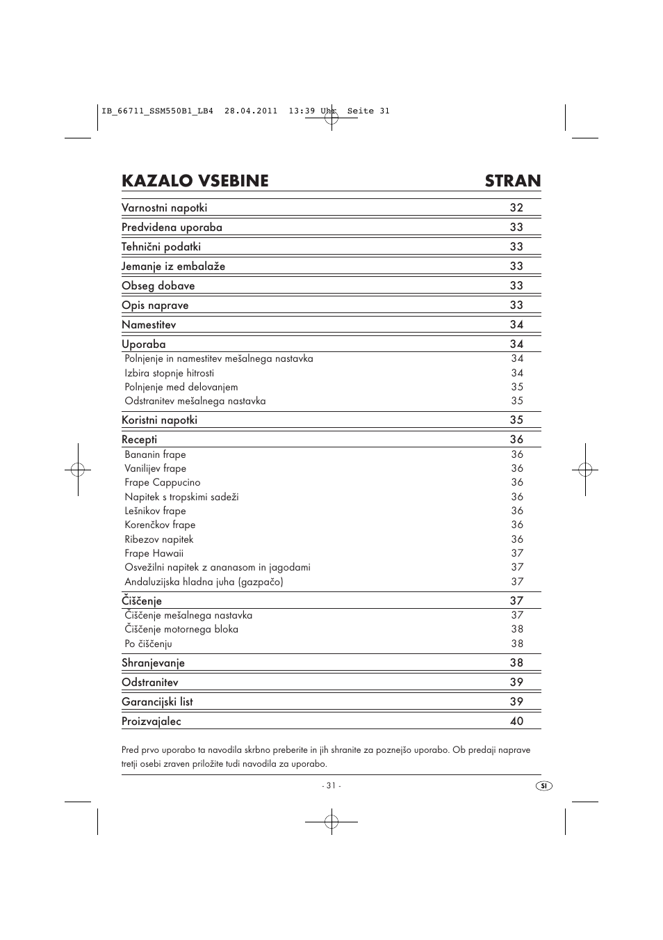 Kazalo vsebine stran | Silvercrest SSM 550 A1 User Manual | Page 33 / 72