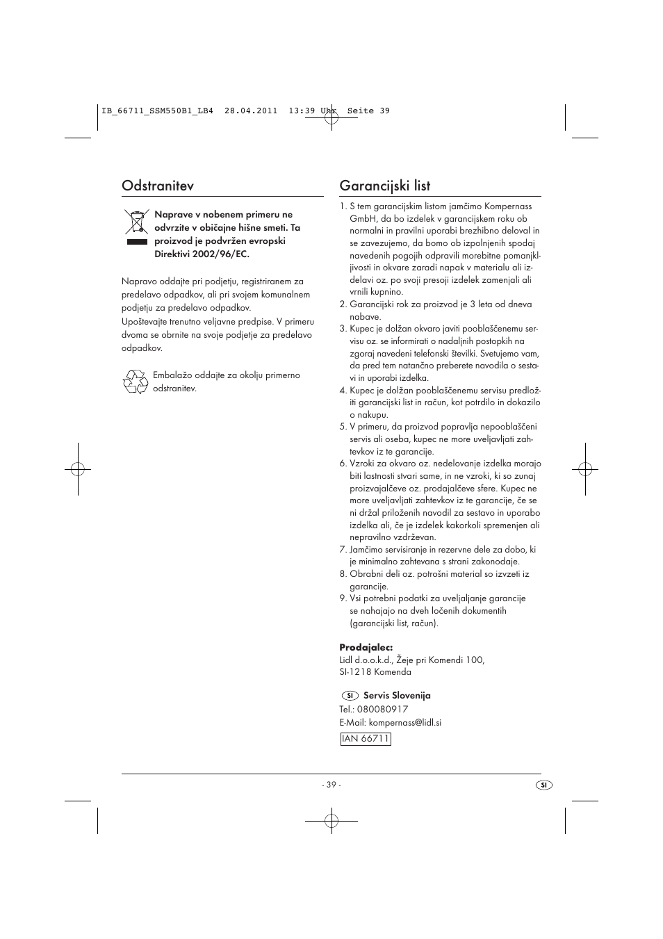 Odstranitev, Garancijski list | Silvercrest SSM 550 A1 User Manual | Page 41 / 72