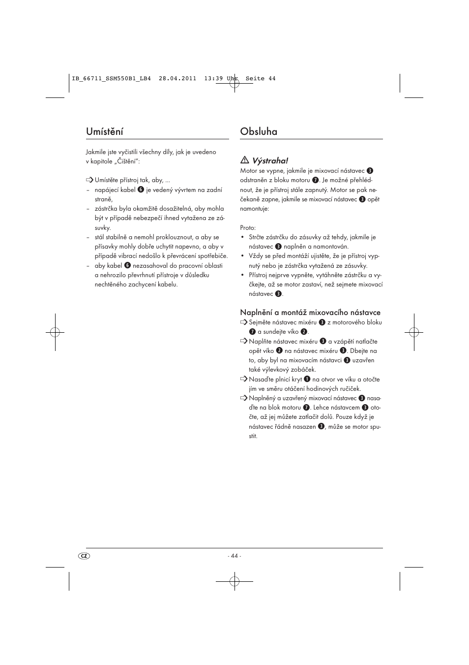 Umístění, Obsluha | Silvercrest SSM 550 A1 User Manual | Page 46 / 72