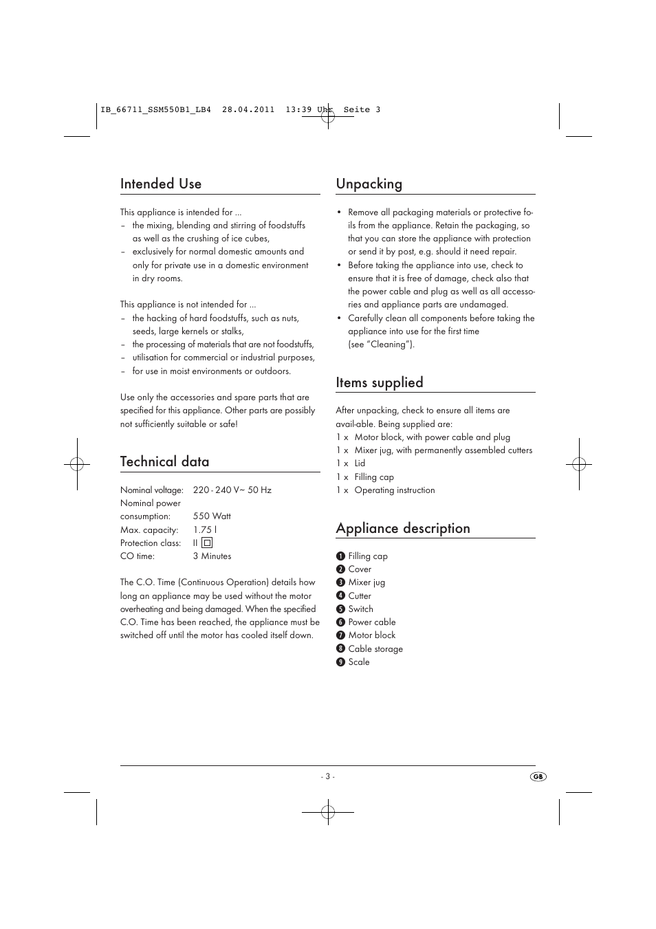 Intended use, Technical data, Unpacking | Items supplied, Appliance description | Silvercrest SSM 550 A1 User Manual | Page 5 / 72