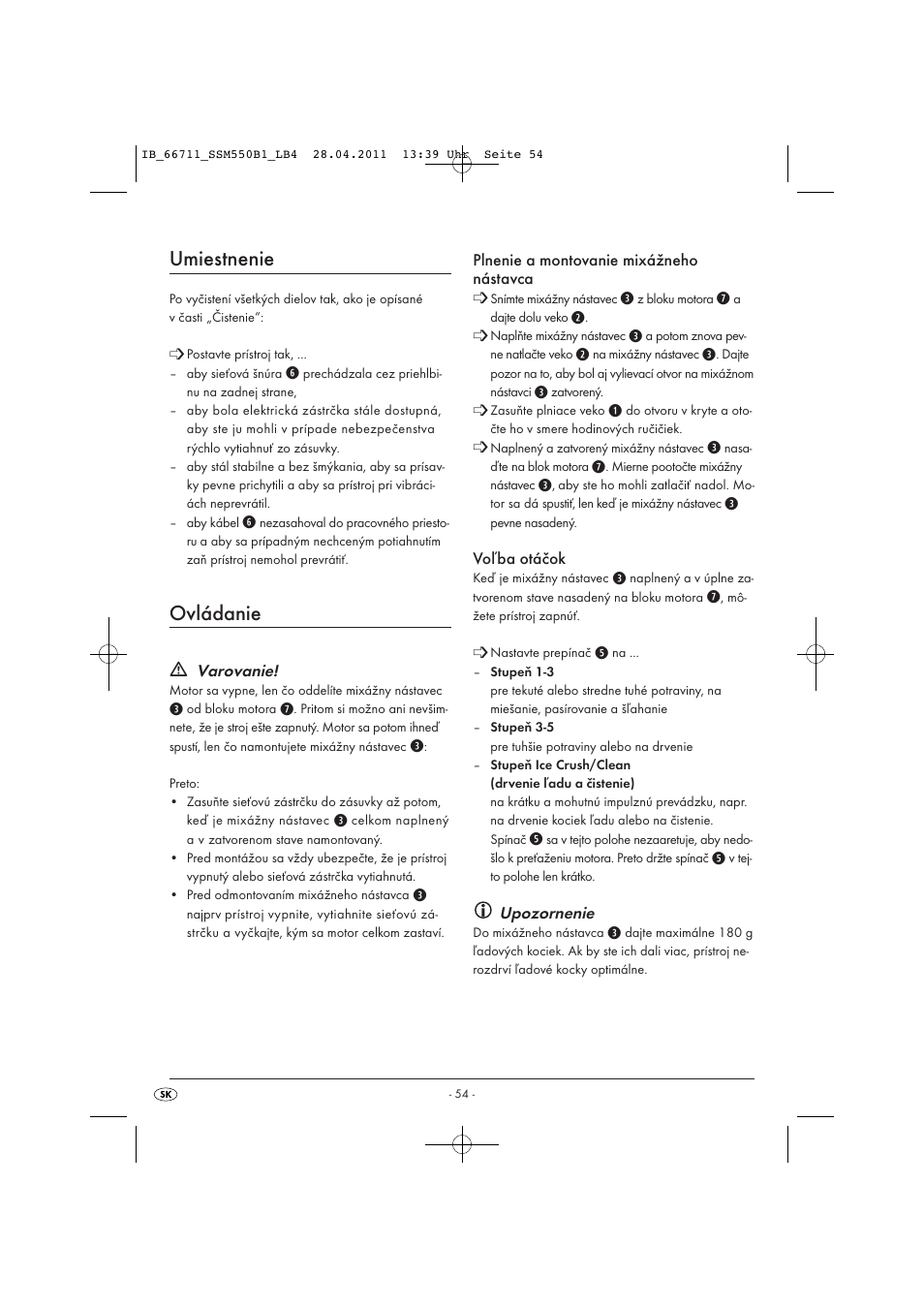 Umiestnenie, Ovládanie | Silvercrest SSM 550 A1 User Manual | Page 56 / 72