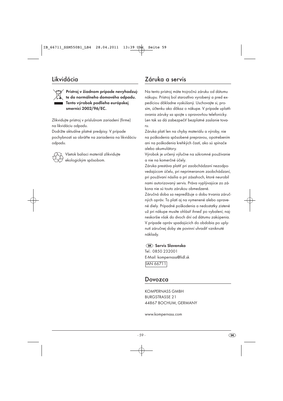 Likvidácia, Záruka a servis, Dovozca | Silvercrest SSM 550 A1 User Manual | Page 61 / 72