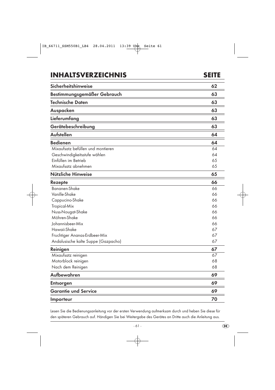 Inhaltsverzeichnis seite | Silvercrest SSM 550 A1 User Manual | Page 63 / 72