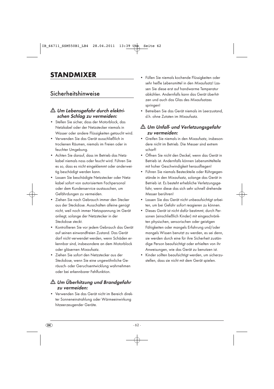 Standmixer, Sicherheitshinweise, Um überhitzung und brandgefahr zu vermeiden | Um unfall- und verletzungsgefahr zu vermeiden | Silvercrest SSM 550 A1 User Manual | Page 64 / 72