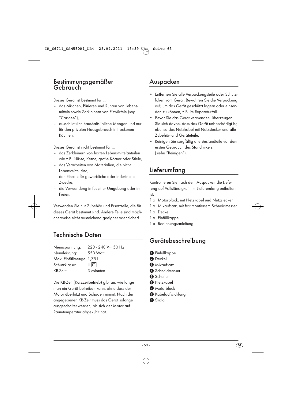 Bestimmungsgemäßer gebrauch, Technische daten, Auspacken | Lieferumfang, Gerätebeschreibung | Silvercrest SSM 550 A1 User Manual | Page 65 / 72