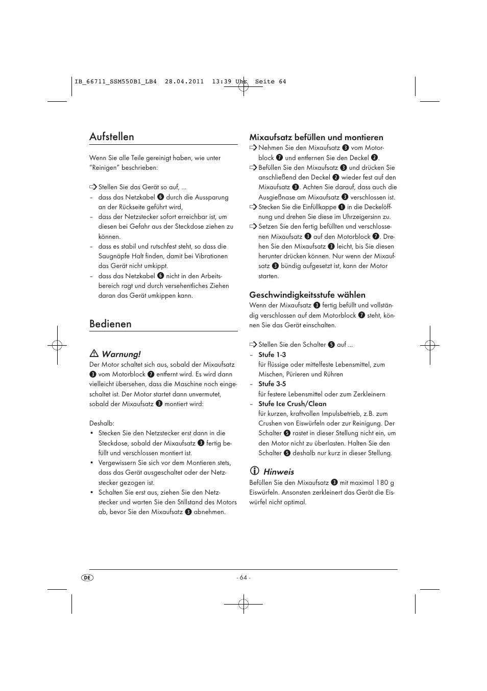 Aufstellen, Bedienen | Silvercrest SSM 550 A1 User Manual | Page 66 / 72