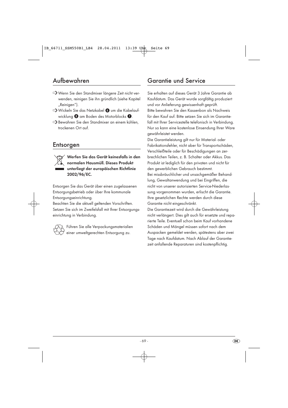 Aufbewahren, Entsorgen, Garantie und service | Silvercrest SSM 550 A1 User Manual | Page 71 / 72