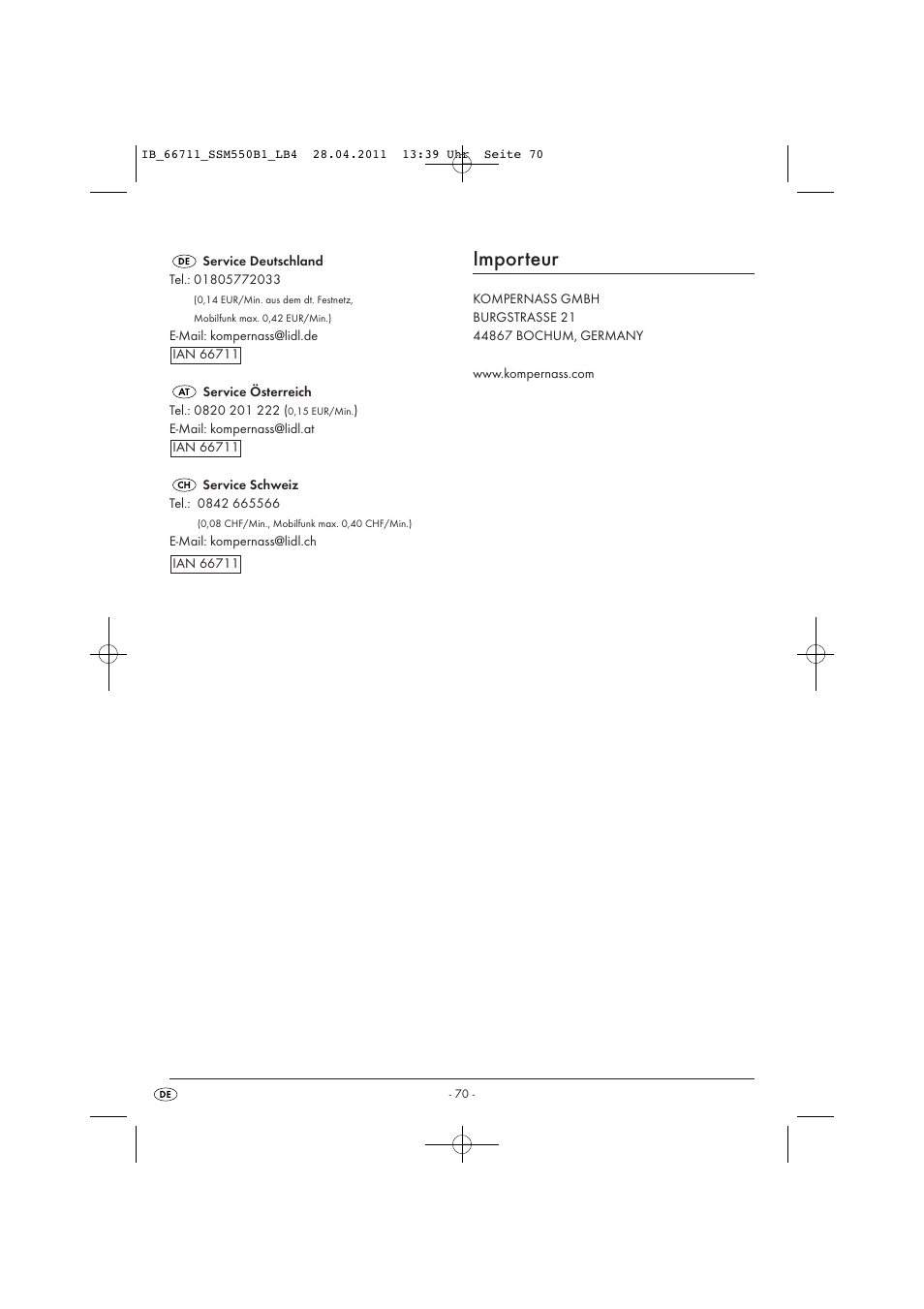 Importeur | Silvercrest SSM 550 A1 User Manual | Page 72 / 72