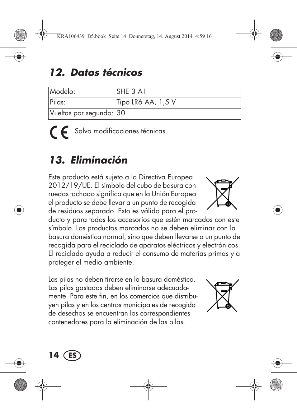 Datos técnicos, Eliminación | Silvercrest SHE 3 A1 User Manual | Page 16 / 94