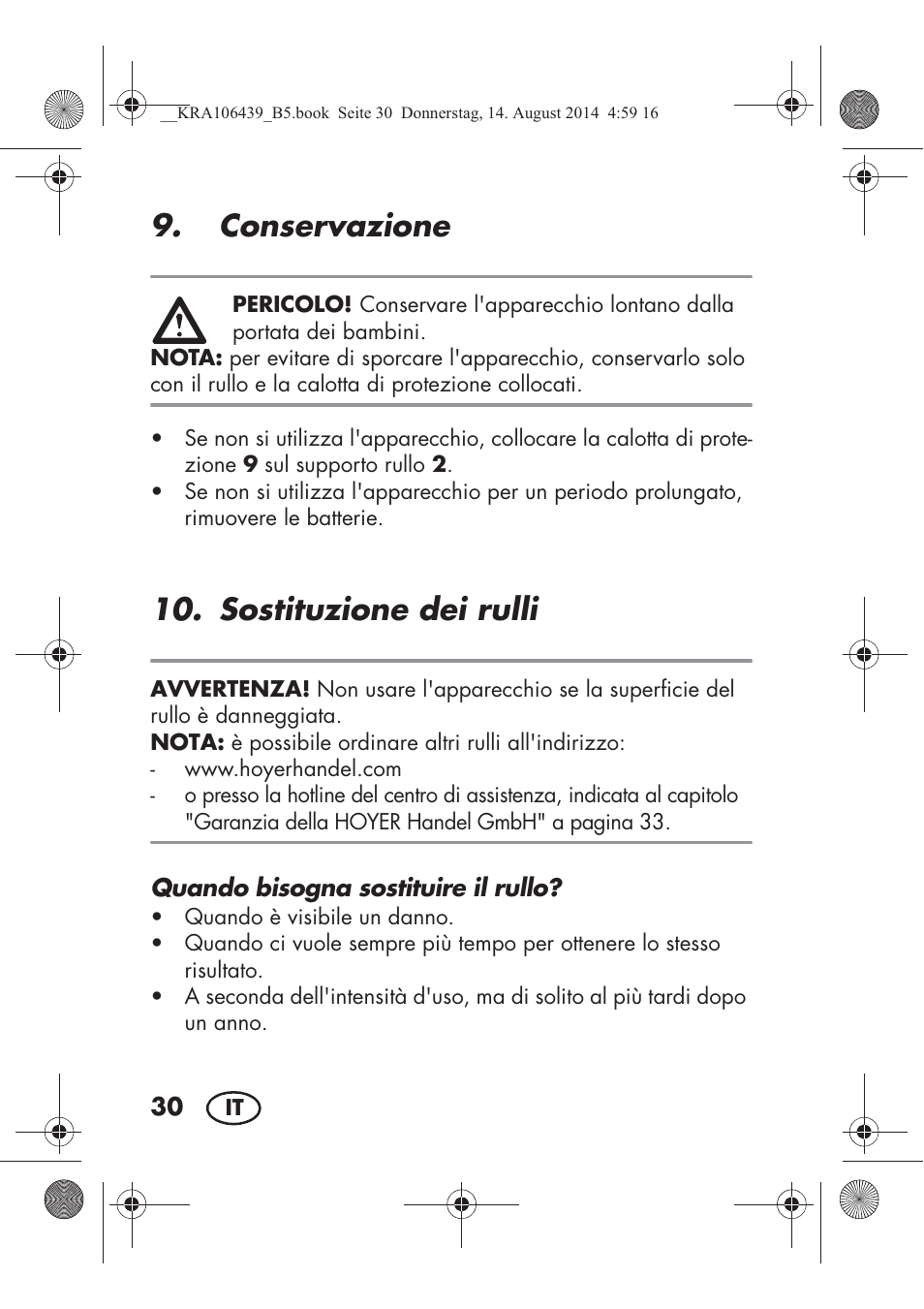 Conservazione, Sostituzione dei rulli | Silvercrest SHE 3 A1 User Manual | Page 32 / 94