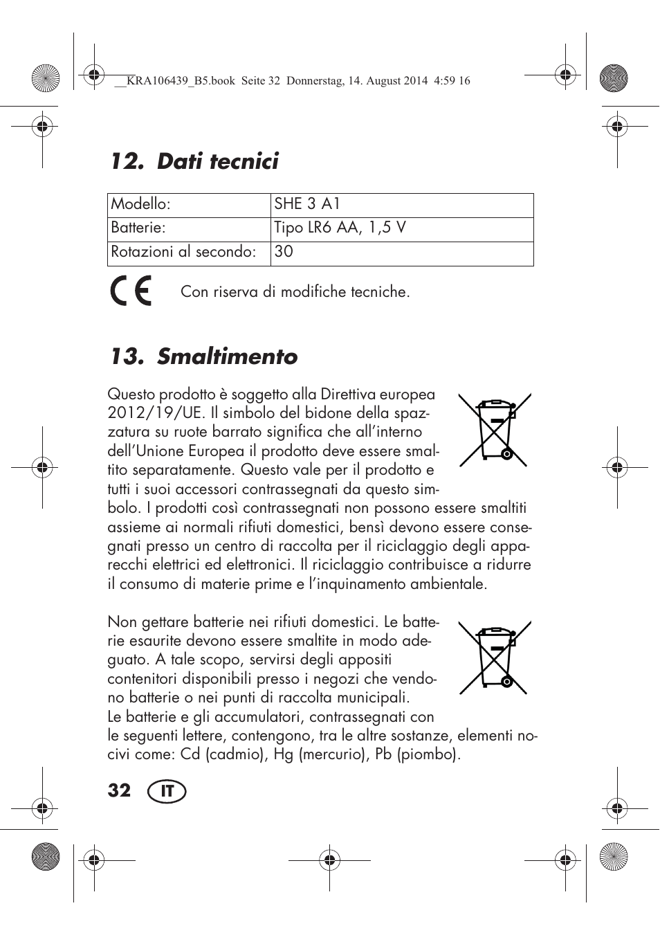 Dati tecnici, Smaltimento | Silvercrest SHE 3 A1 User Manual | Page 34 / 94