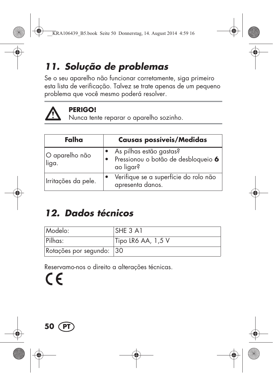 Solução de problemas, Dados técnicos | Silvercrest SHE 3 A1 User Manual | Page 52 / 94