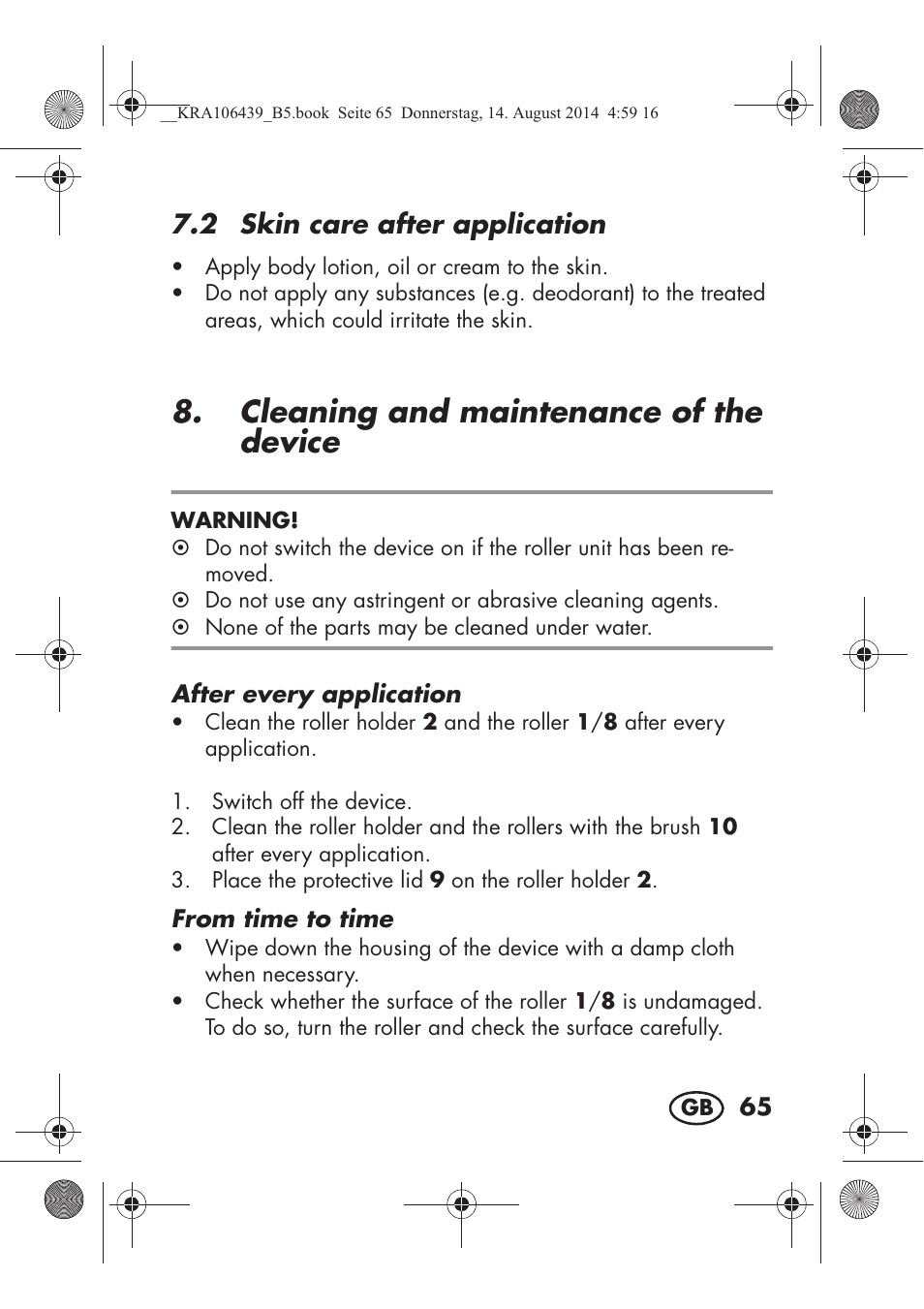 Cleaning and maintenance of the device, 2 skin care after application | Silvercrest SHE 3 A1 User Manual | Page 67 / 94