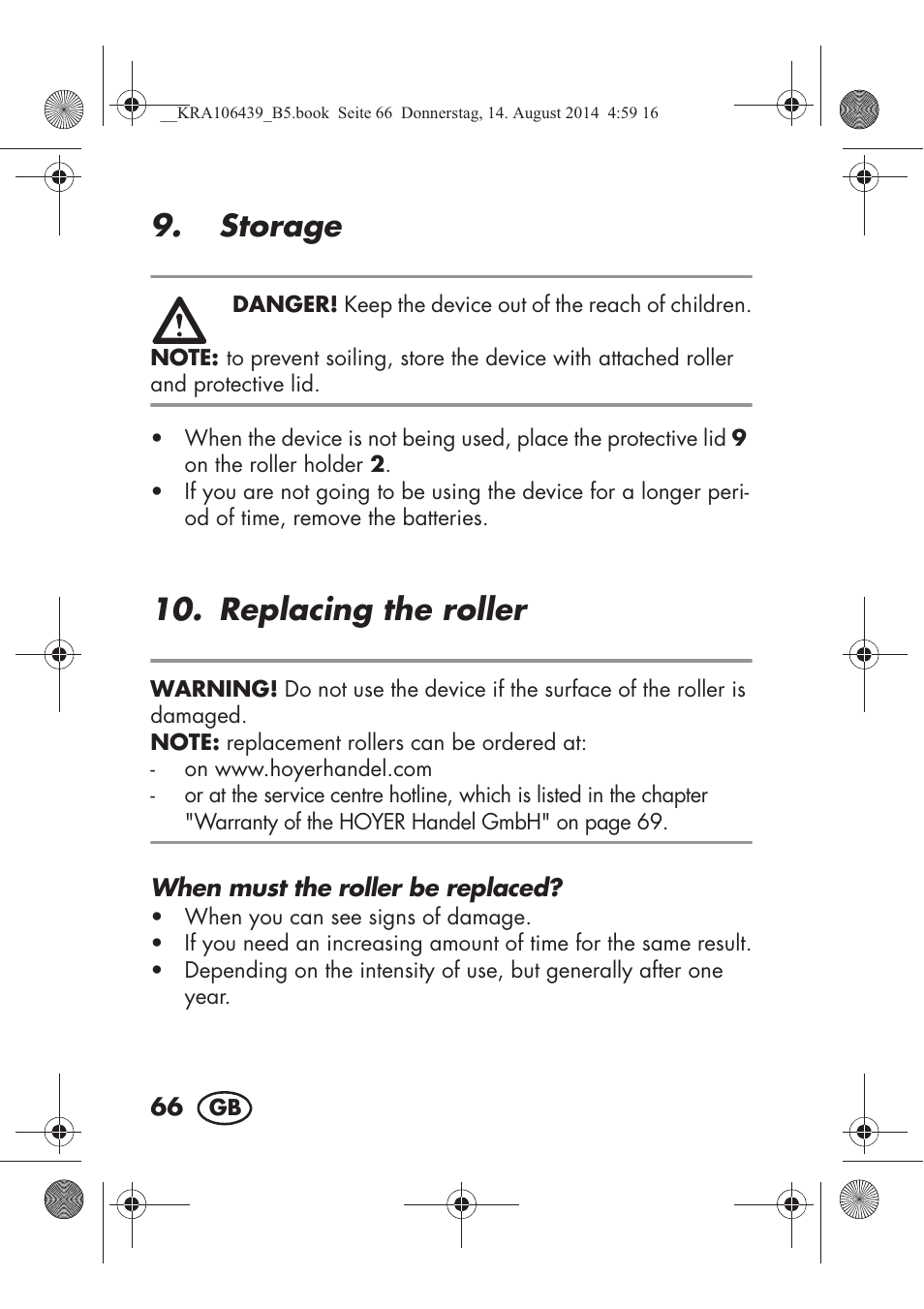 Storage, Replacing the roller | Silvercrest SHE 3 A1 User Manual | Page 68 / 94