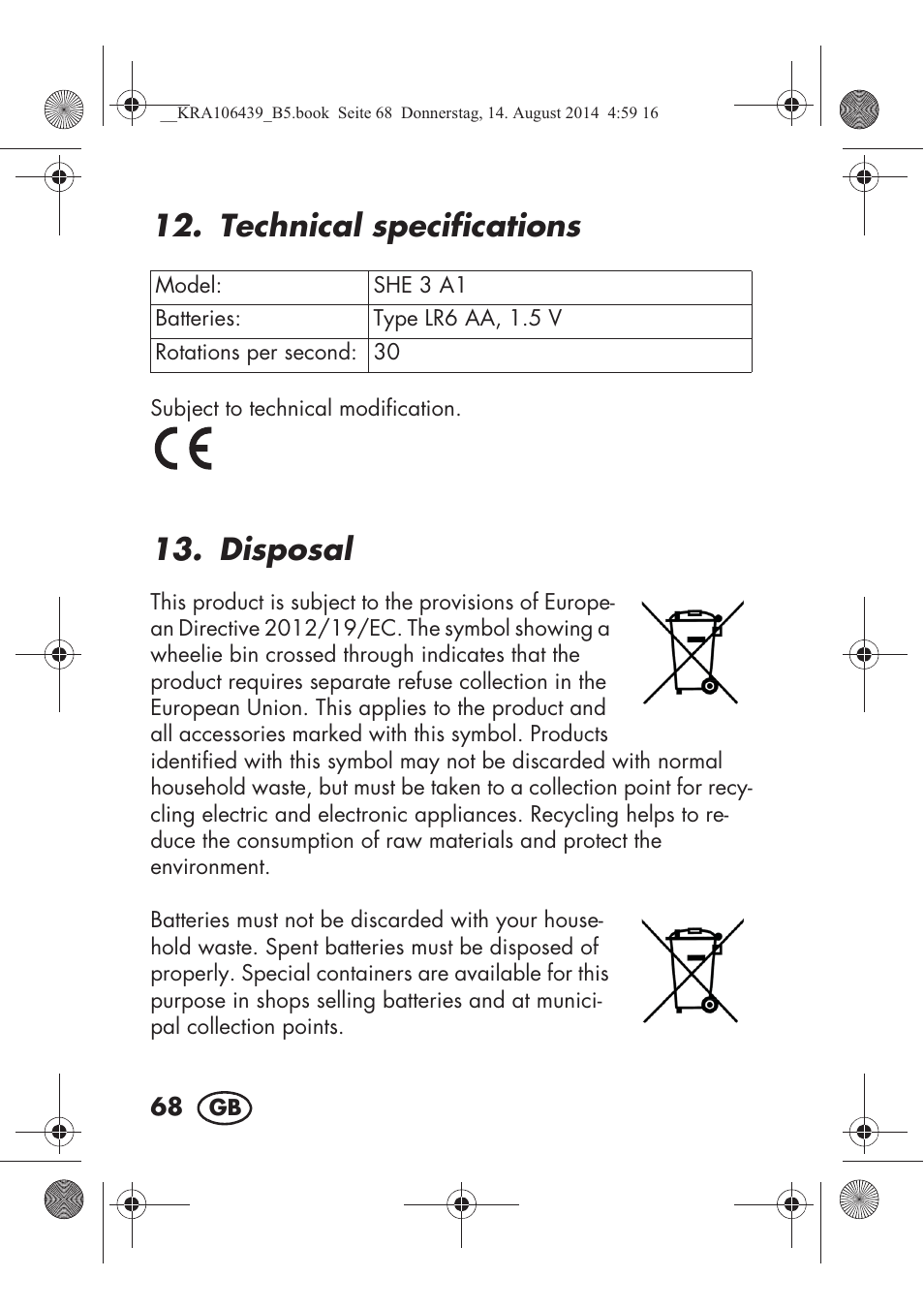 Technical specifications, Disposal | Silvercrest SHE 3 A1 User Manual | Page 70 / 94