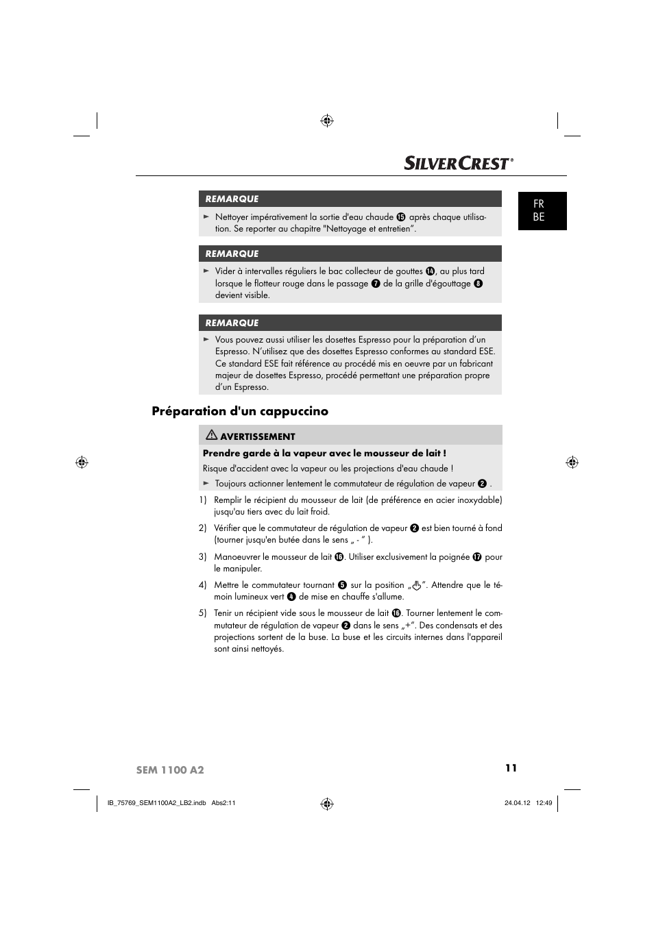 Préparation d'un cappuccino, Fr be | Silvercrest SEM 1100 A2 User Manual | Page 13 / 81