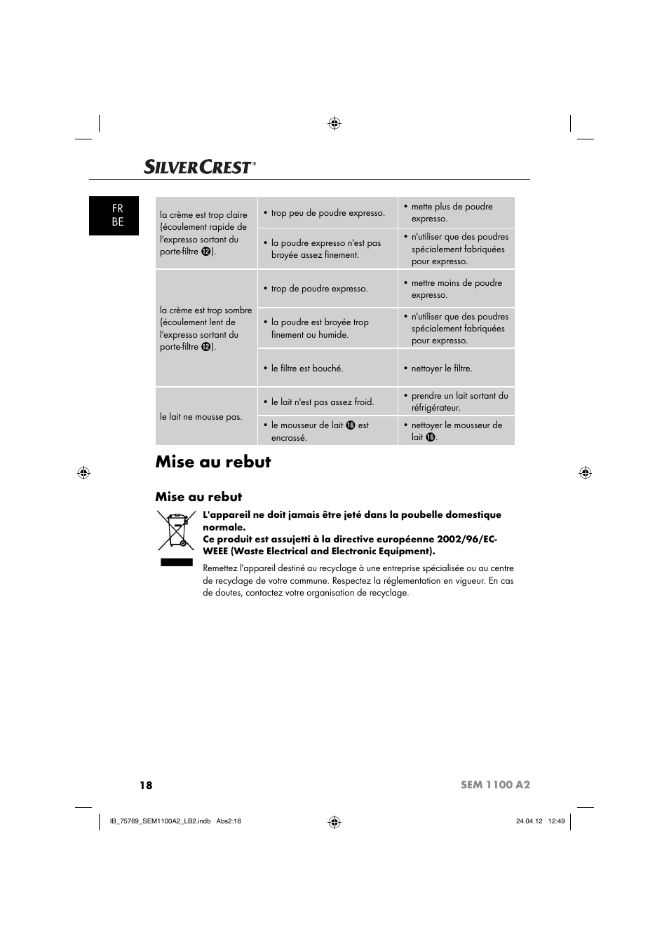 Mise au rebut, Fr be | Silvercrest SEM 1100 A2 User Manual | Page 20 / 81