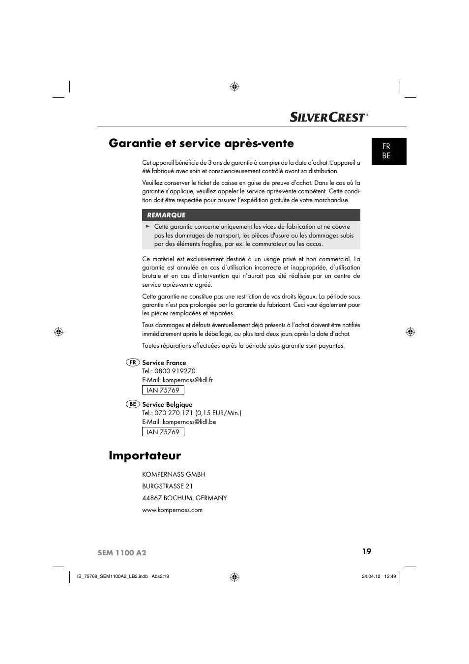 Garantie et service après-vente, Importateur, Fr be | Silvercrest SEM 1100 A2 User Manual | Page 21 / 81