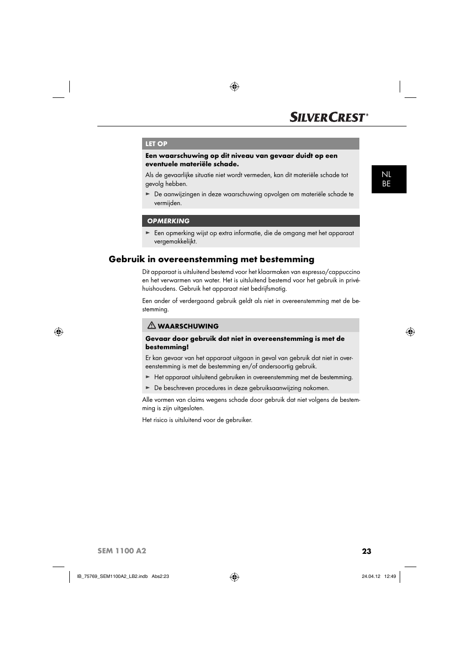 Gebruik in overeenstemming met bestemming, Nl be | Silvercrest SEM 1100 A2 User Manual | Page 25 / 81