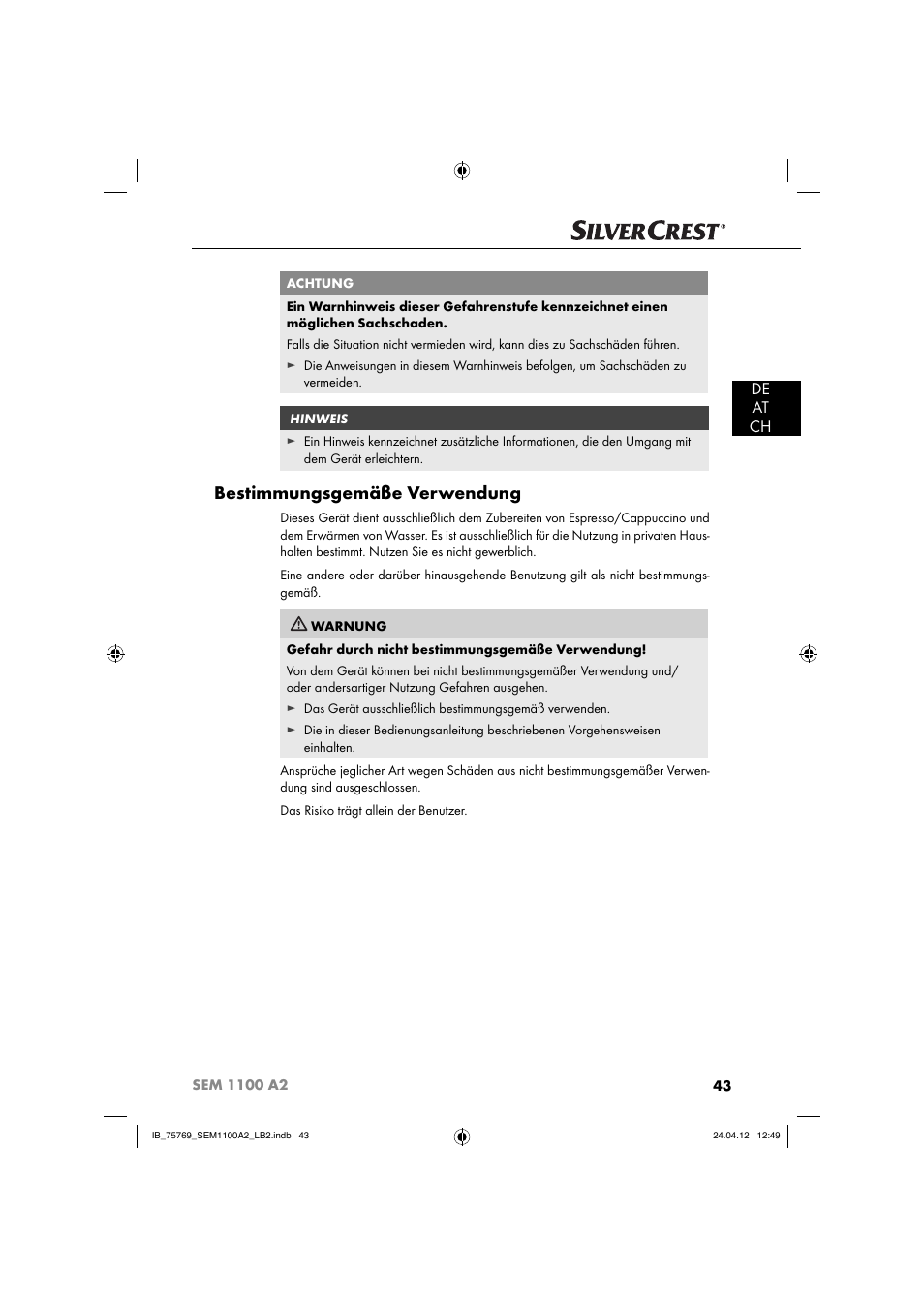 Bestimmungsgemäße verwendung, De at ch | Silvercrest SEM 1100 A2 User Manual | Page 45 / 81