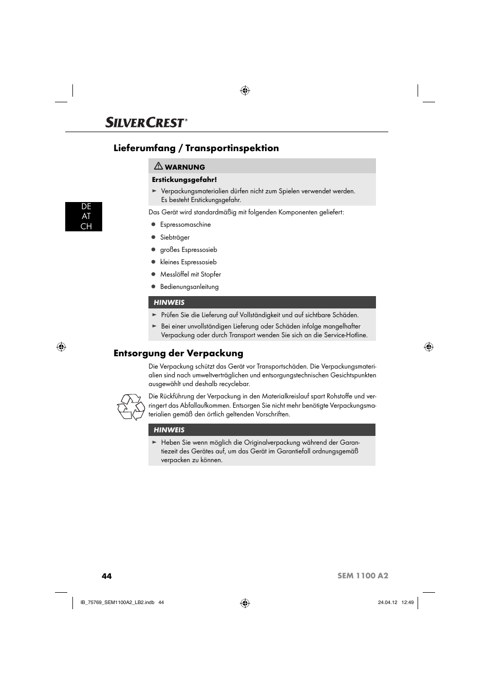 Lieferumfang / transportinspektion, Entsorgung der verpackung, De at ch | Silvercrest SEM 1100 A2 User Manual | Page 46 / 81