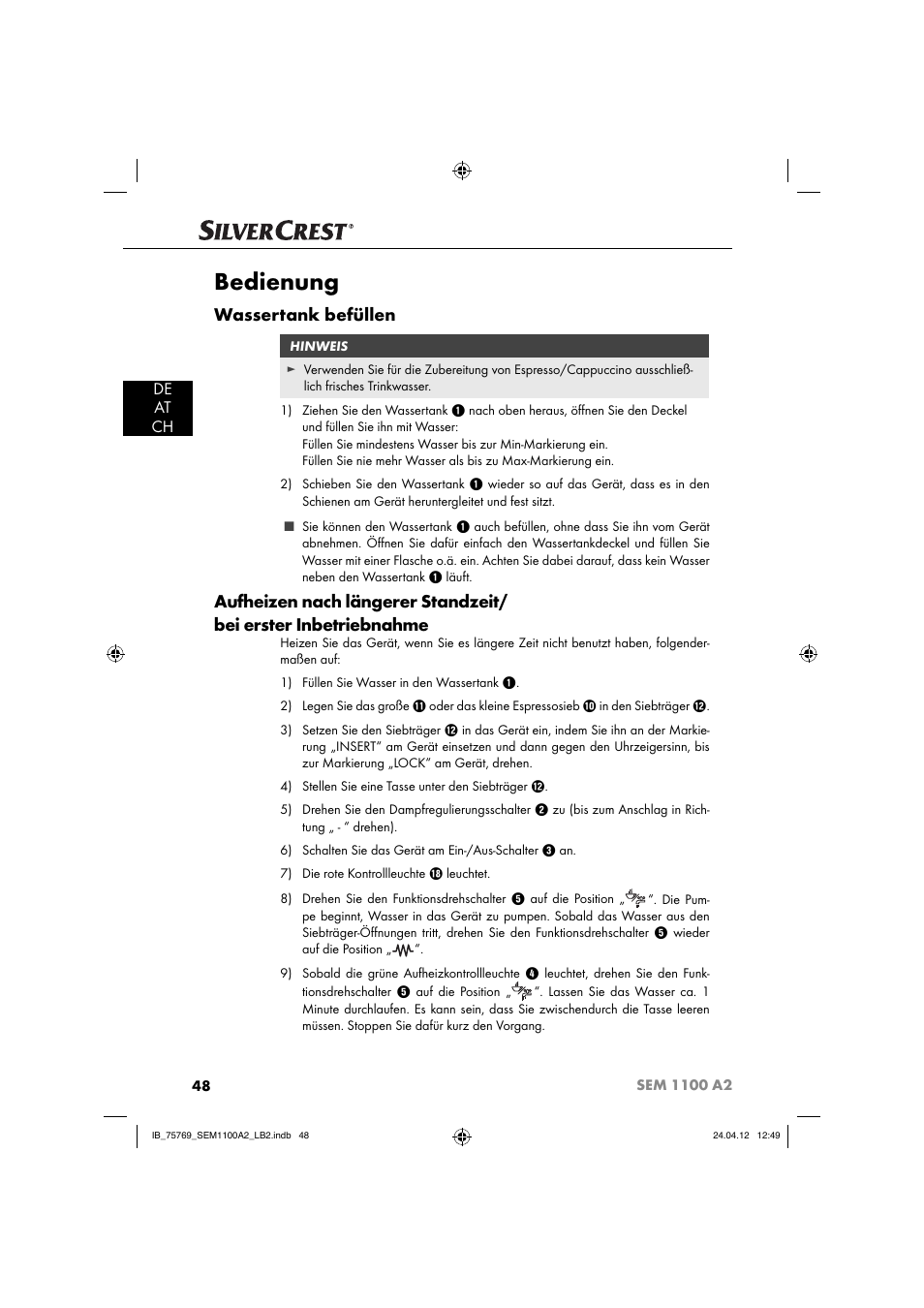 Bedienung, Wassertank befüllen, De at ch | Silvercrest SEM 1100 A2 User Manual | Page 50 / 81