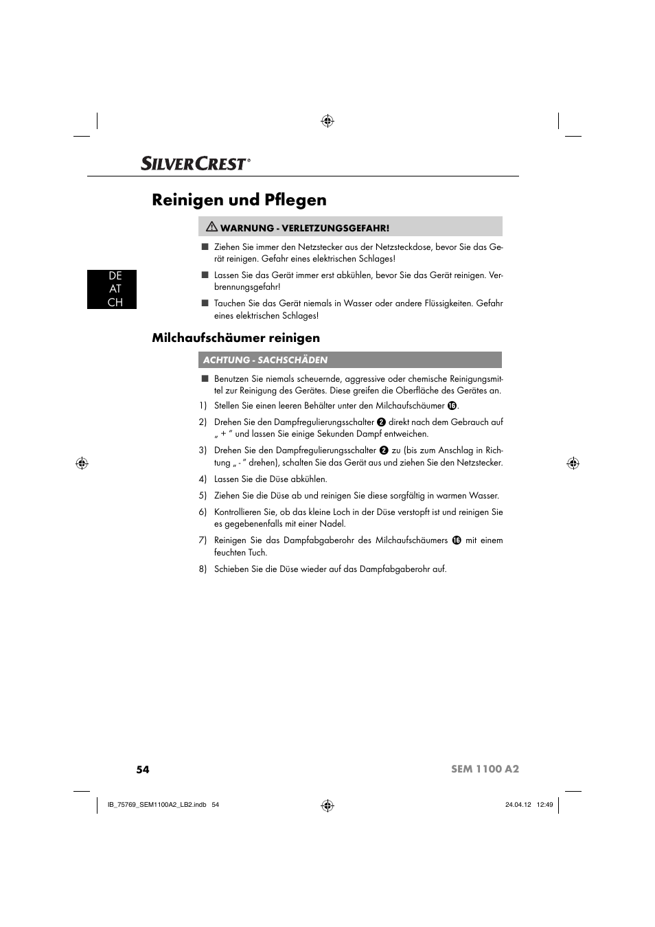 Reinigen und pﬂ egen, Milchaufschäumer reinigen, De at ch | Silvercrest SEM 1100 A2 User Manual | Page 56 / 81