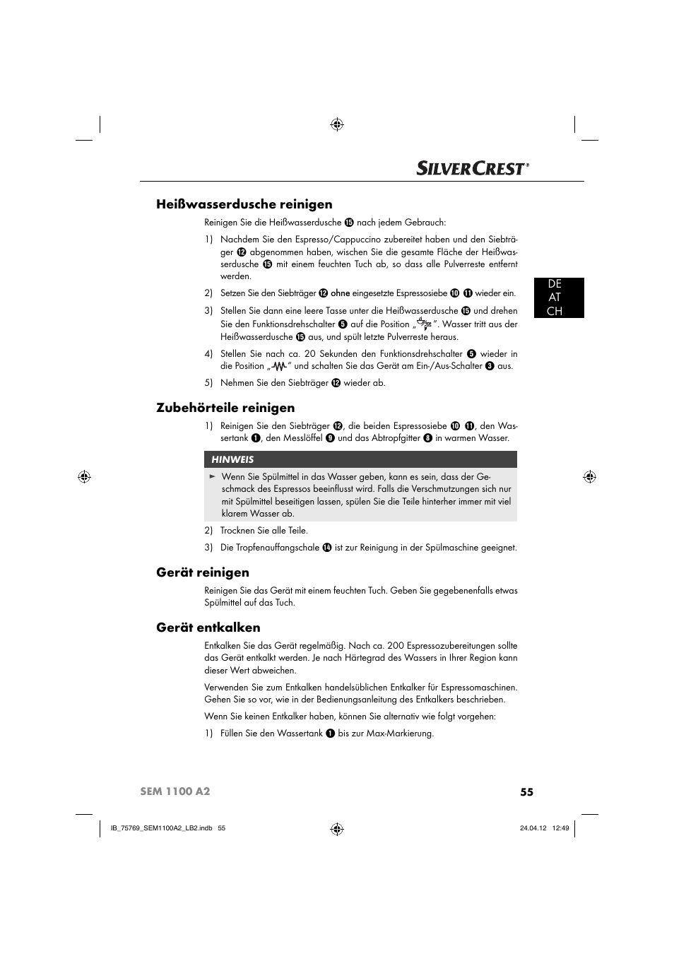 Heißwasserdusche reinigen, Zubehörteile reinigen, Gerät reinigen | Gerät entkalken, De at ch | Silvercrest SEM 1100 A2 User Manual | Page 57 / 81
